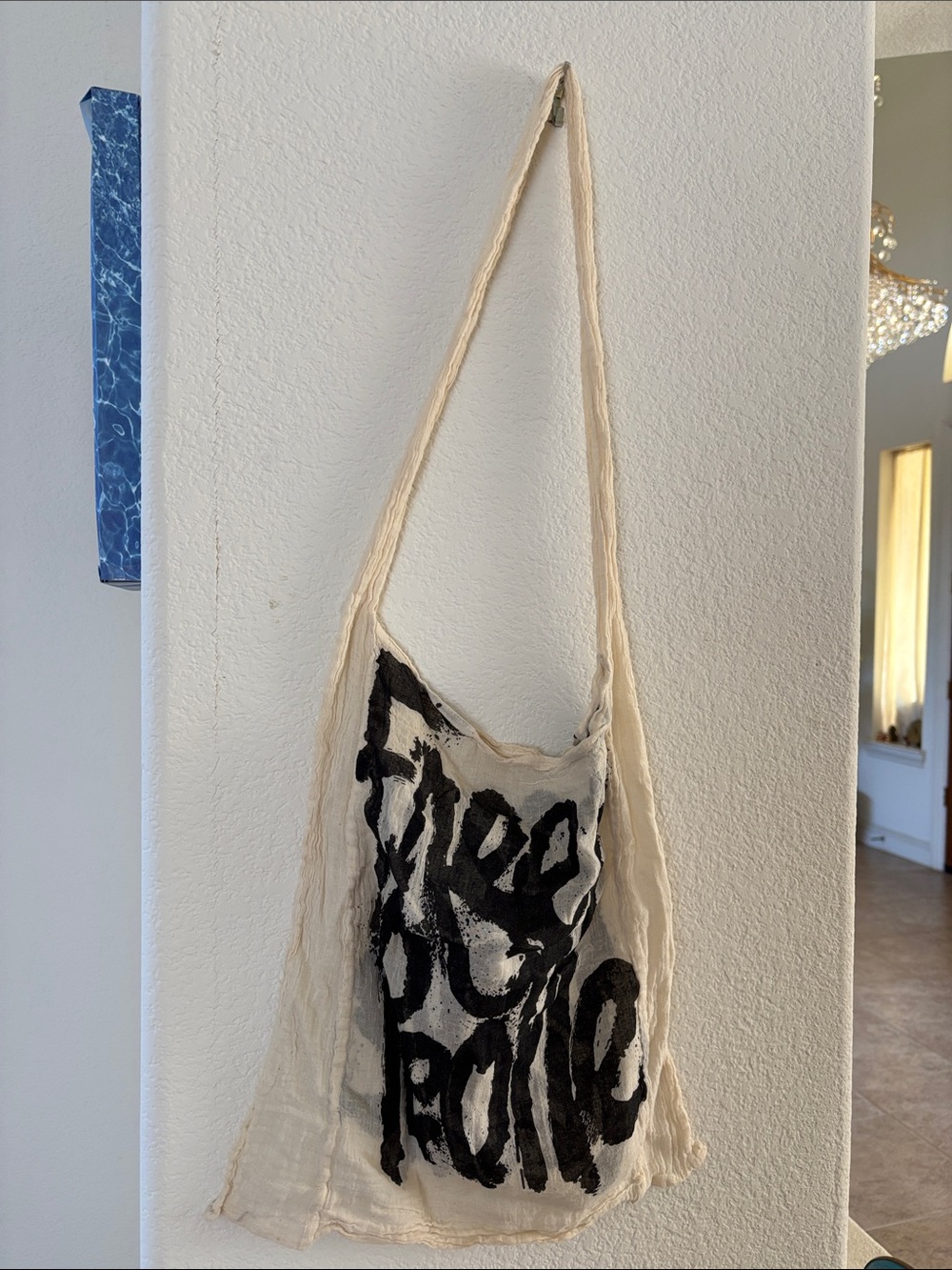 Free People Cream Canvas Shoulder Tote with Black Script